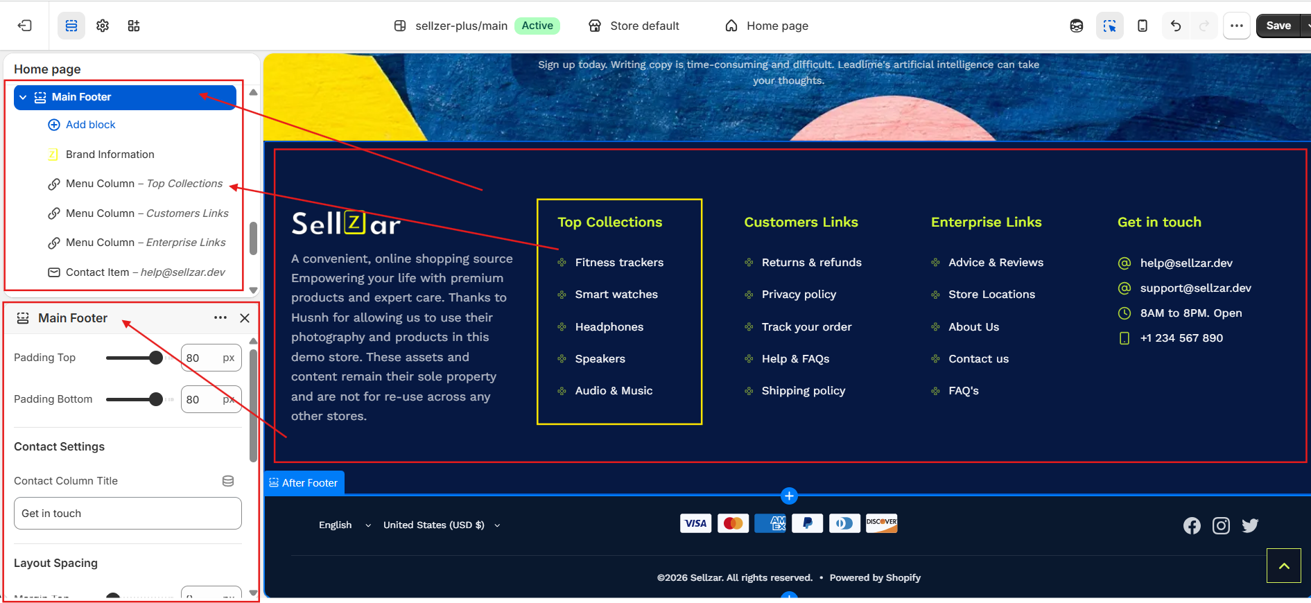 Main Footer Columns & Brand Block
